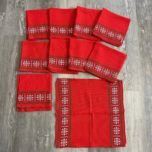 Vintage Christmas Woven Napkins Holiday Red Green White Snowflakes Set of 10